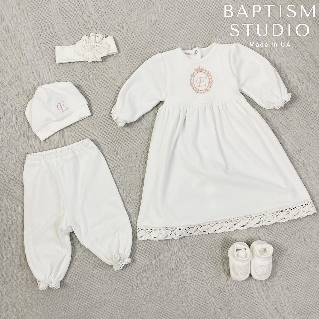 Personalized Baby Baptism Outfit Set – Ivory Velour Christening Set with Initial