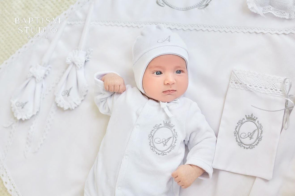 Soft baby christening outfit made from organic cotton velour – traditional baptism shirt and pants.
