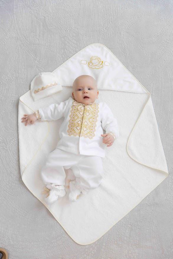 Newborn baptism gift set with embroidered christening outfit and towel