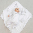 Baby boy christening set with linen outfit, hooded towel, candles and pillow