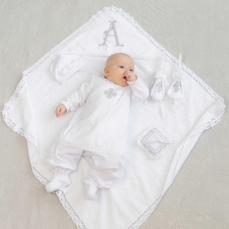 Baby boy christening set with linen outfit, hooded towel, candles and pillow