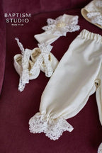 Ivory Linen Baby Girl Christening Set – 5‑Piece Outfit with Elegant Lace (Dress, Headband, Bonnet, Booties & Pants)