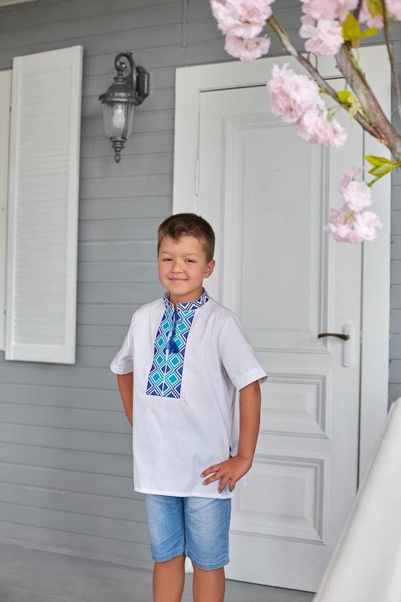 Boys Linen Ukrainian Embroidered Shirt • Blue Geometric Embroidery Vyshyvanka