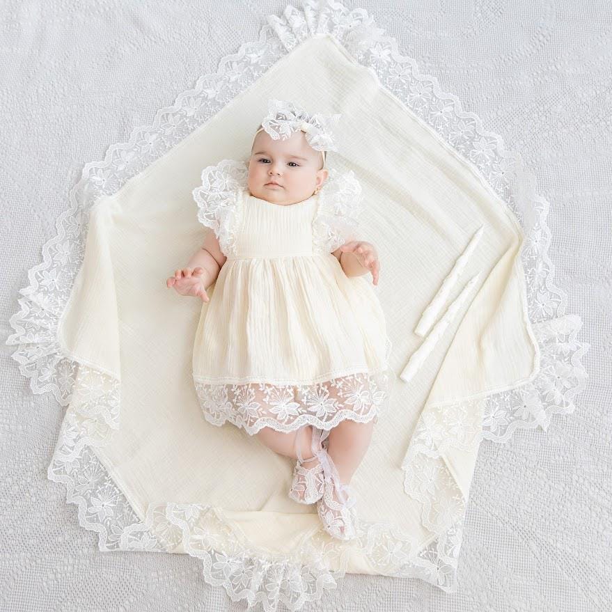 Ivory Muslin Summer Baptism Set for Baby Girl with Luxurious Lace