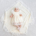 Ivory Muslin Summer Baptism Set for Baby Girl with Luxurious Lace