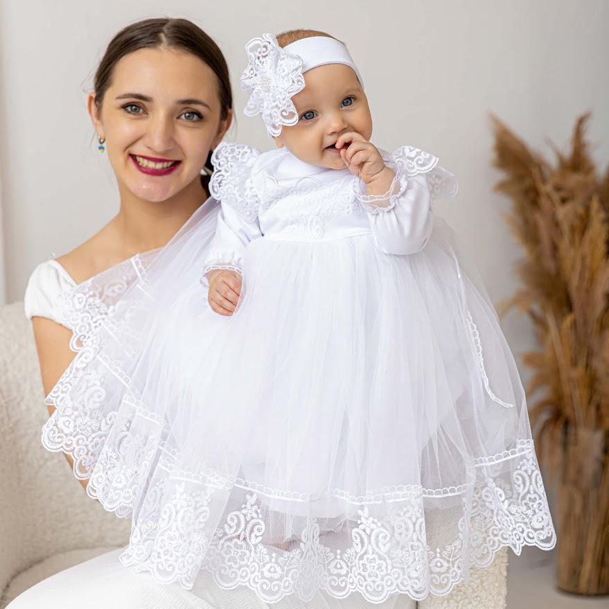 Baby girl christening dress with lace and tulle skirt – baptism outfit with headband