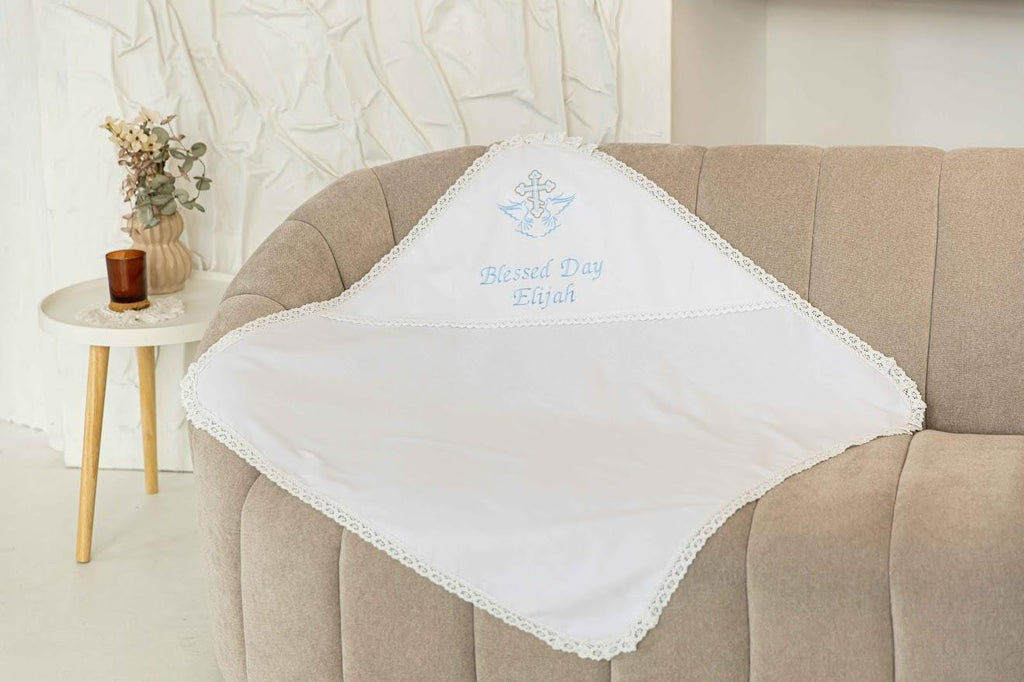 Personalized Linen Baptism Blanket – Lace Christening Shawl with Custom Embroidery