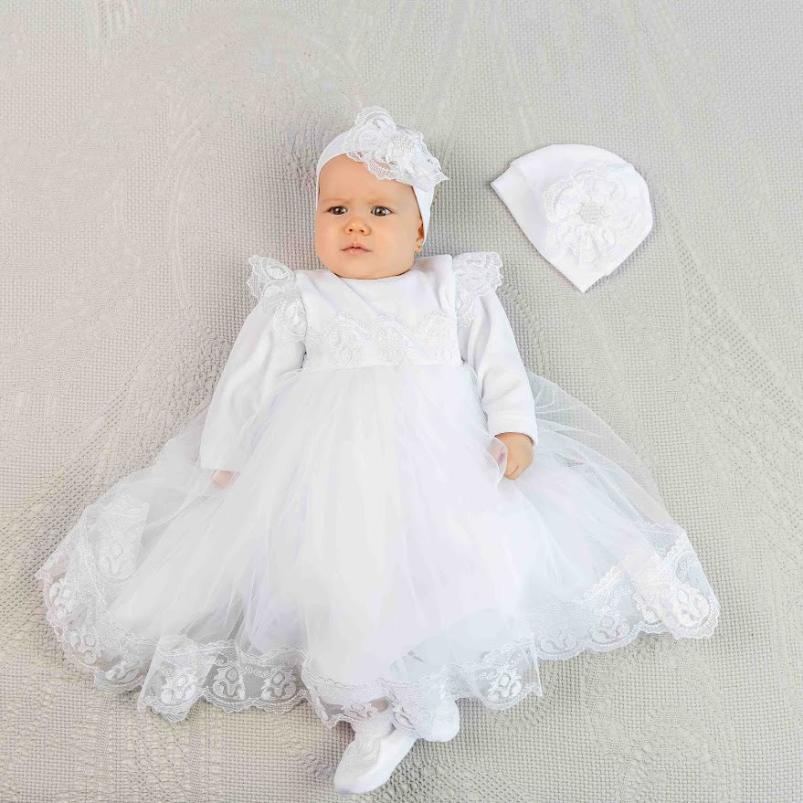 White velour baptism outfit for baby girl with matching accessories