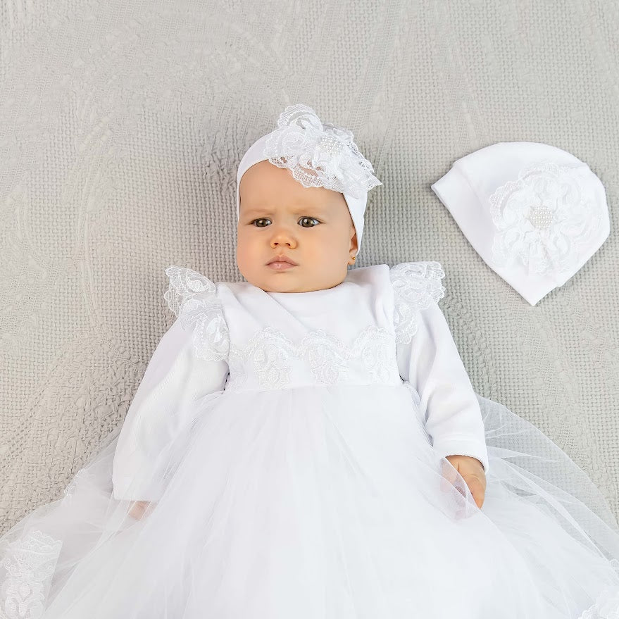 White Baby Baptism Dress Set with Lace | Velour Christening Outfit for Girl