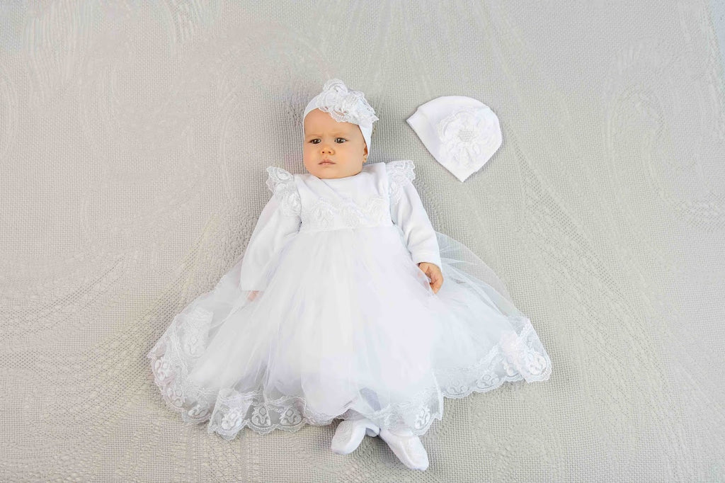 White Baby Baptism Dress Set with Lace | Velour Christening Outfit for Girl