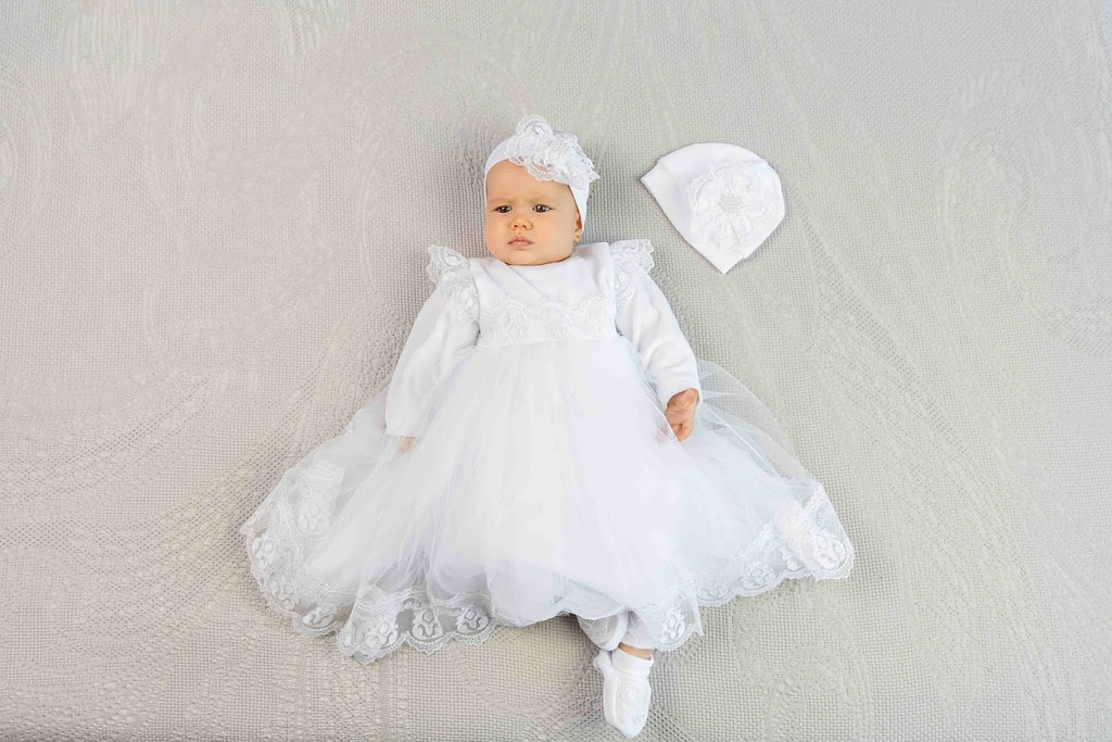 White Baby Baptism Dress Set with Lace | Velour Christening Outfit for Girl