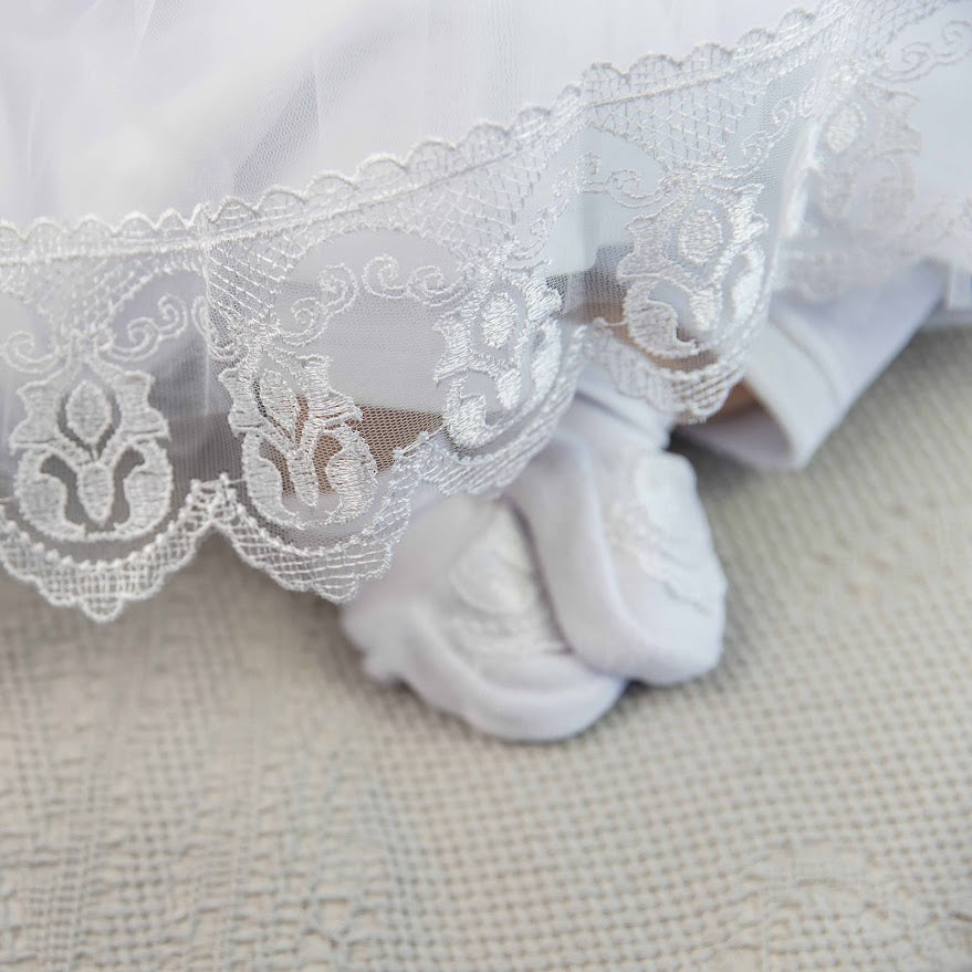 White Baby Baptism Dress Set with Lace | Velour Christening Outfit for Girl