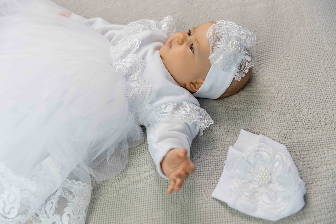 White Baby Baptism Dress Set with Lace | Velour Christening Outfit for Girl
