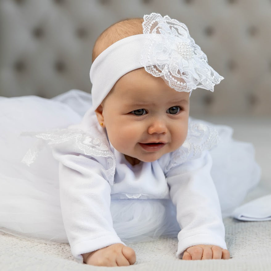 White Baby Baptism Dress Set with Lace | Velour Christening Outfit for Girl