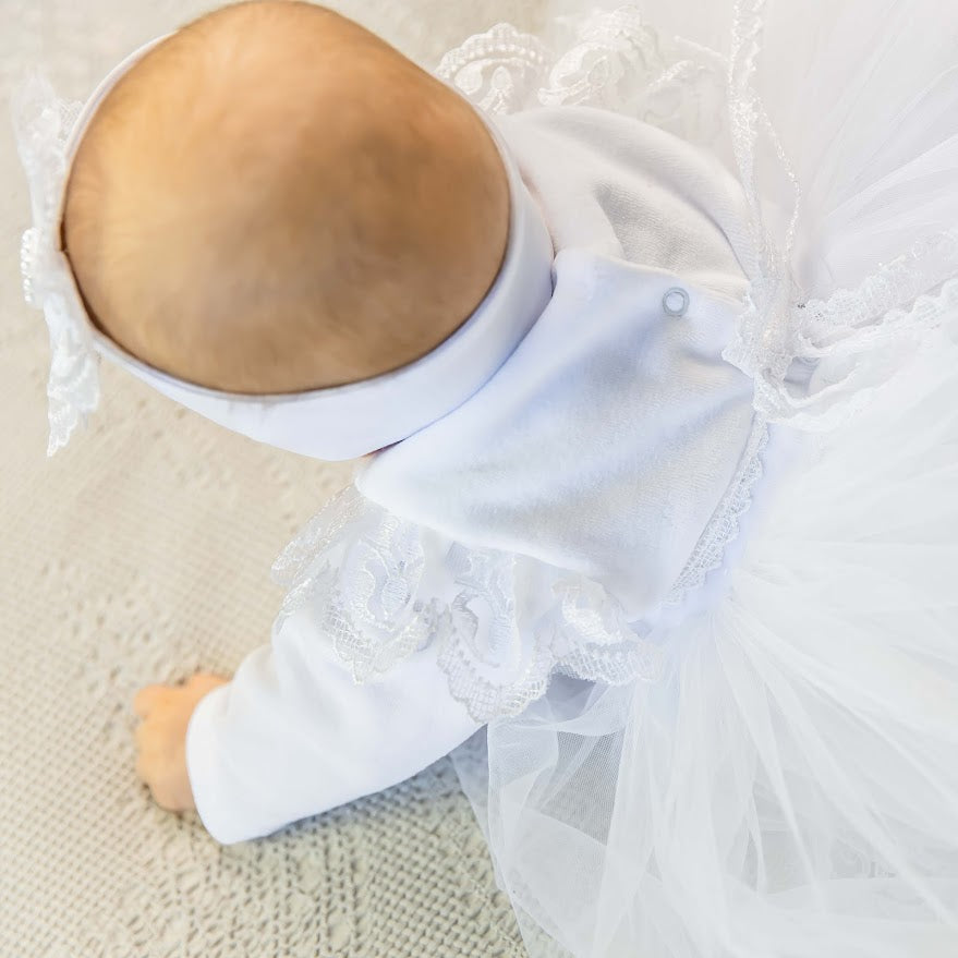 White Baby Baptism Dress Set with Lace | Velour Christening Outfit for Girl