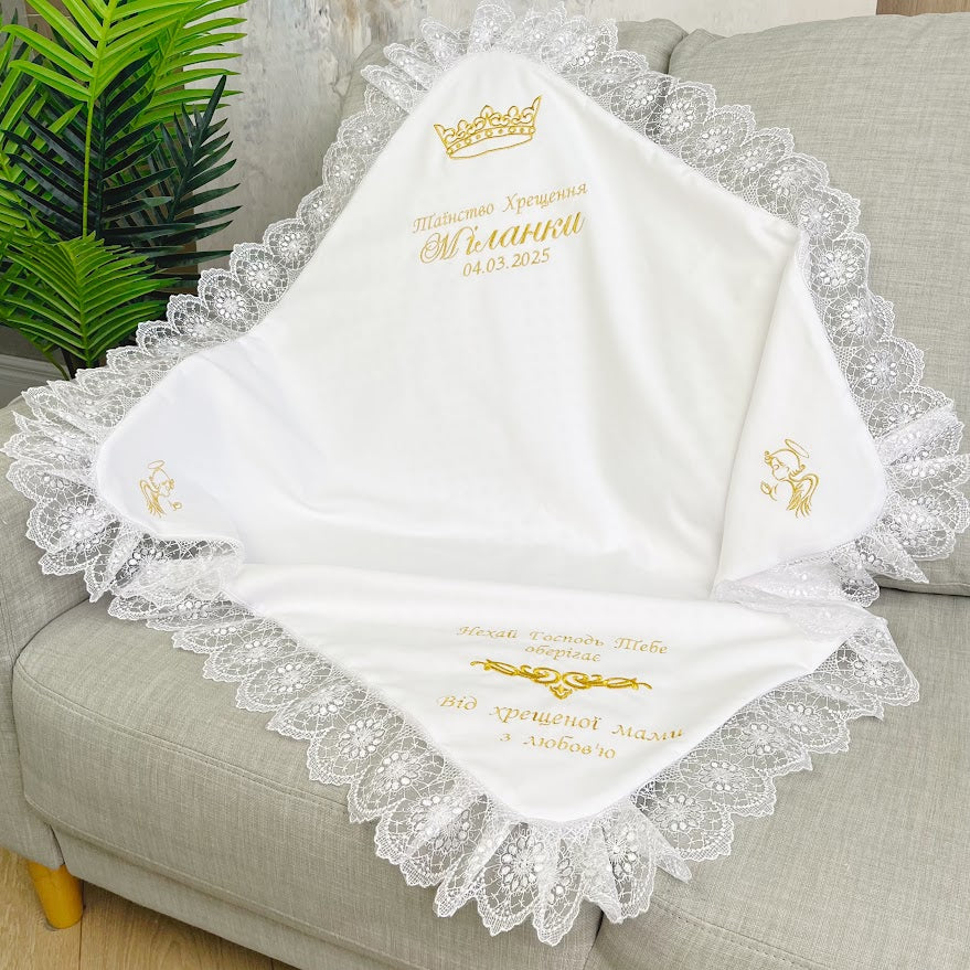 Baptism Blanket – Linen & Minky with Gold Embroidery  Personalized Christening Shawl 80×80 cm