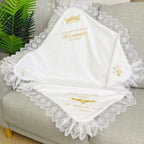 Baptism Blanket – Linen & Minky with Gold Embroidery  Personalized Christening Shawl 80×80 cm