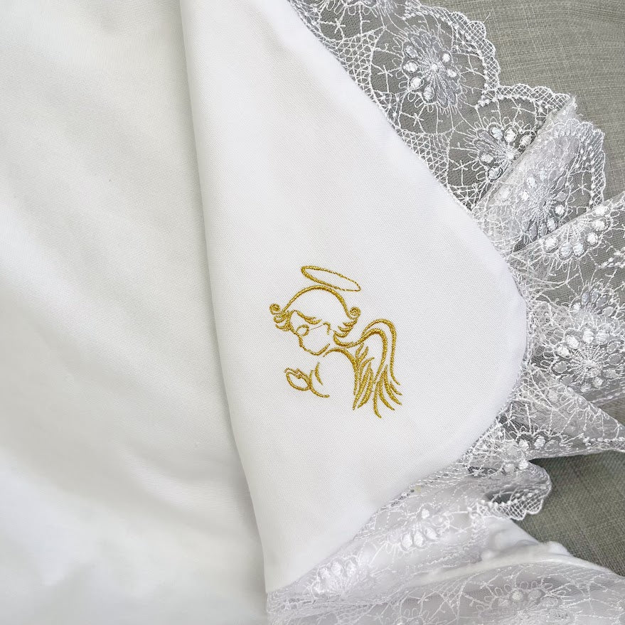 Baptism Blanket – Linen & Minky with Gold Embroidery  Personalized Christening Shawl 80×80 cm