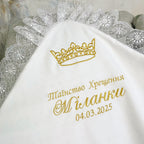 Baptism Blanket – Linen & Minky with Gold Embroidery  Personalized Christening Shawl 80×80 cm