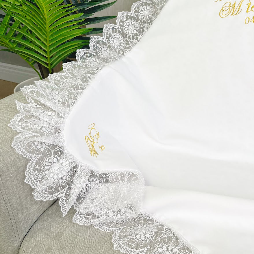 Baptism Blanket – Linen & Minky with Gold Embroidery  Personalized Christening Shawl 80×80 cm