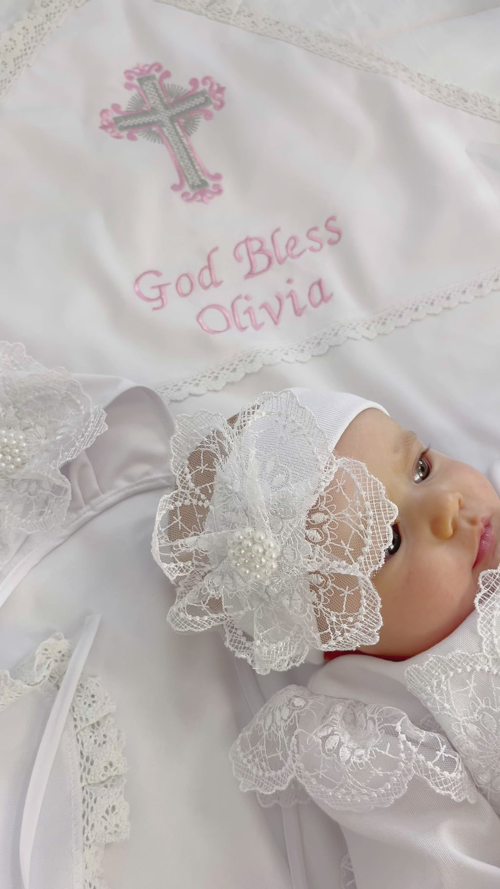 Luxury Linen Baptism Set for Baby Girl – Dress, Bonnet, Pants, Booties, Headband & Personalized Blanket