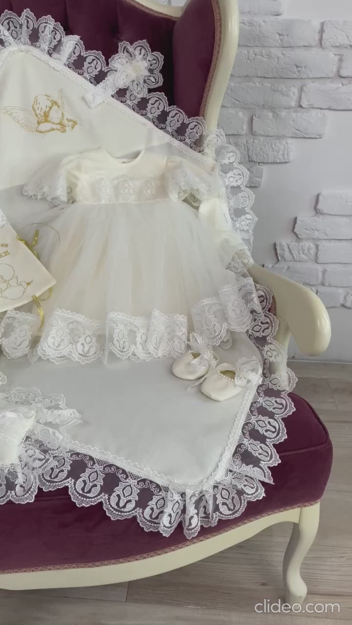 Luxury Personalized Linen Baptism Set for Baby Girl – Christening Dress, Blanket, Lace & Accessories