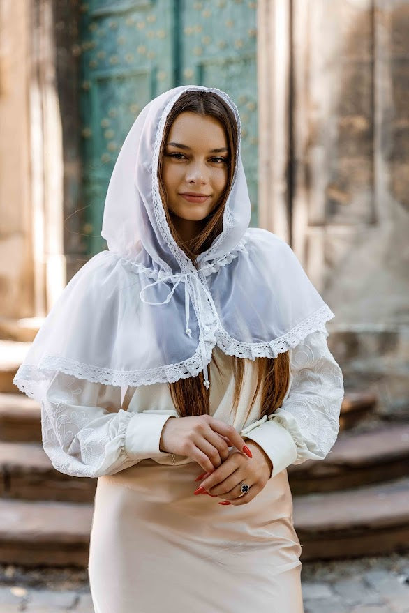 White Baptism Palantine with Lace | Chiffon Head Covering | Ships from USA