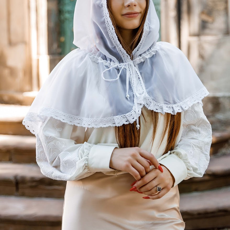 White Baptism Palantine with Lace | Chiffon Head Covering | Ships from USA