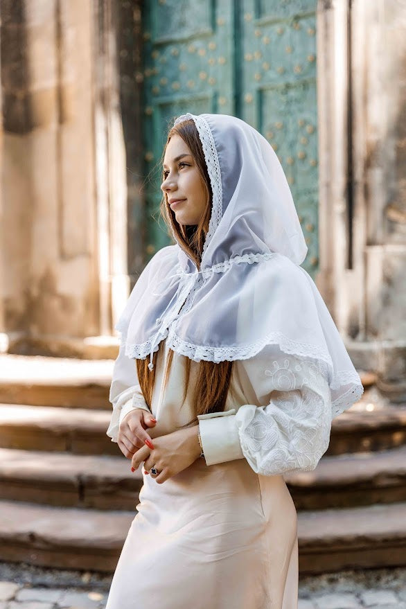 White Baptism Palantine with Lace | Chiffon Head Covering | Ships from USA