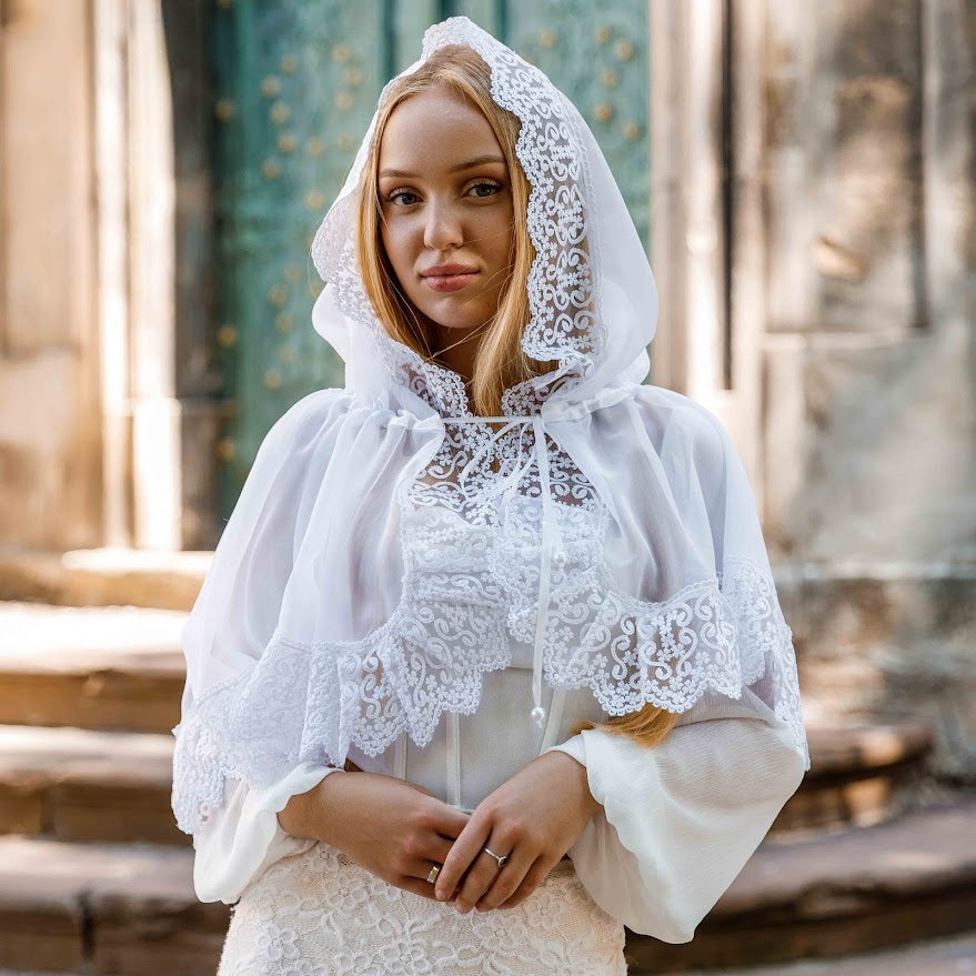 Lace Chapel Veil with Ties | White Mantilla Head Covering for Church