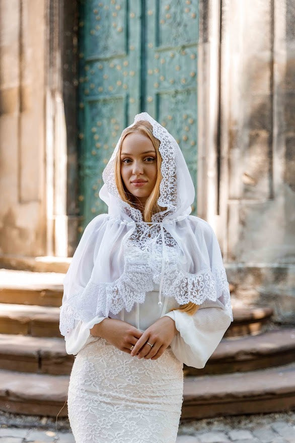 Lace Chapel Veil with Ties | White Mantilla Head Covering for Church