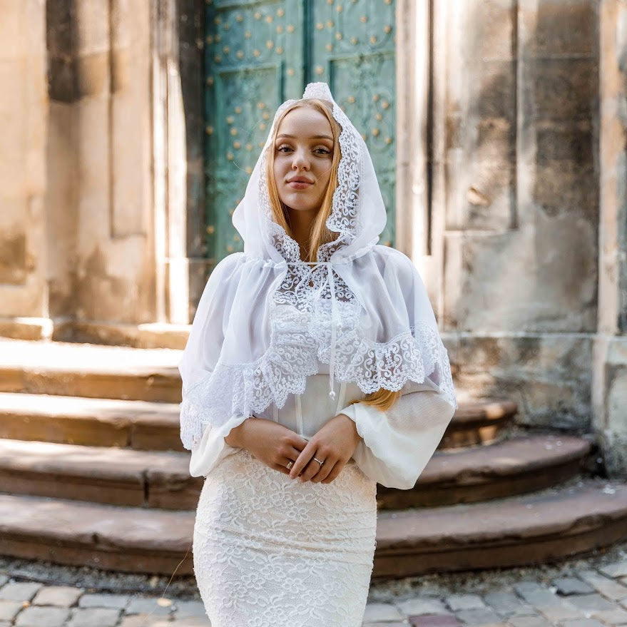 Lace Chapel Veil with Ties | White Mantilla Head Covering for Church