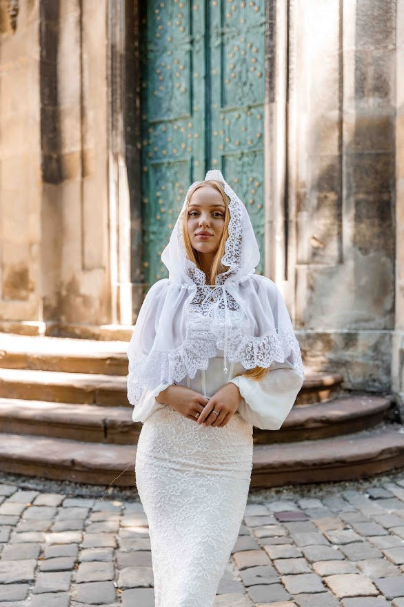 Lace Chapel Veil with Ties | White Mantilla Head Covering for Church