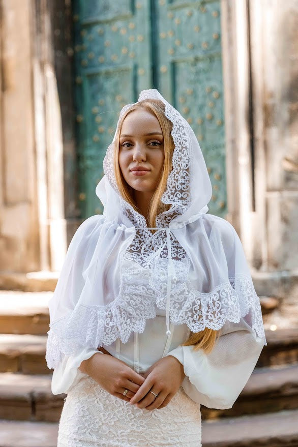 Lace Chapel Veil with Ties | White Mantilla Head Covering for Church