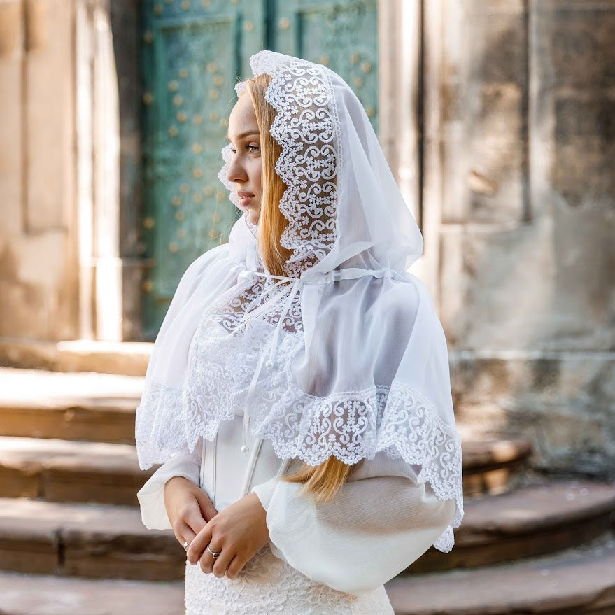 Lace Chapel Veil with Ties | White Mantilla Head Covering for Church