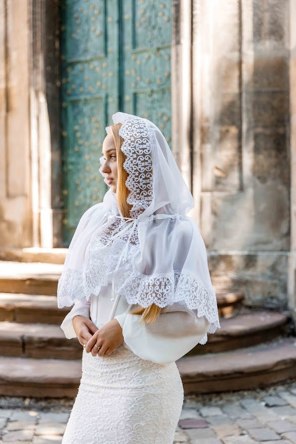 Lace Chapel Veil with Ties | White Mantilla Head Covering for Church