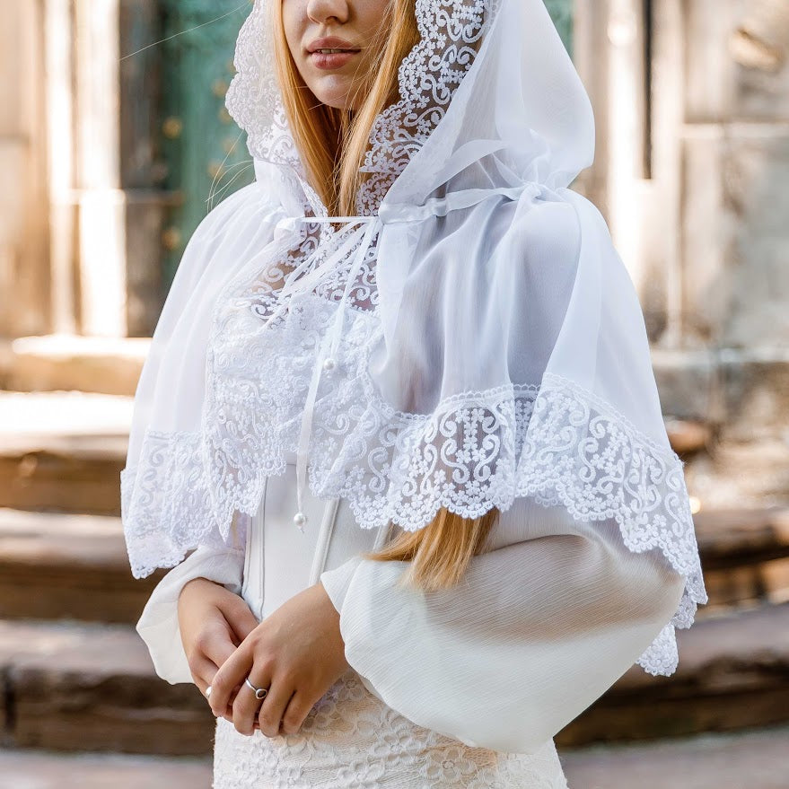 Lace Chapel Veil with Ties | White Mantilla Head Covering for Church