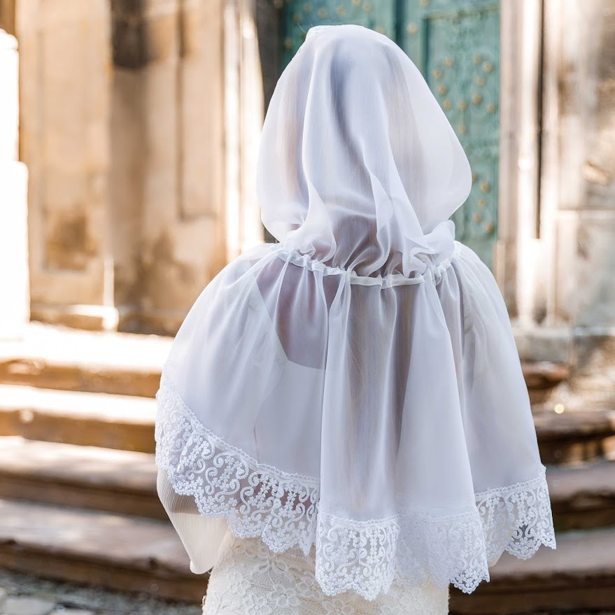 Lace Chapel Veil with Ties | White Mantilla Head Covering for Church