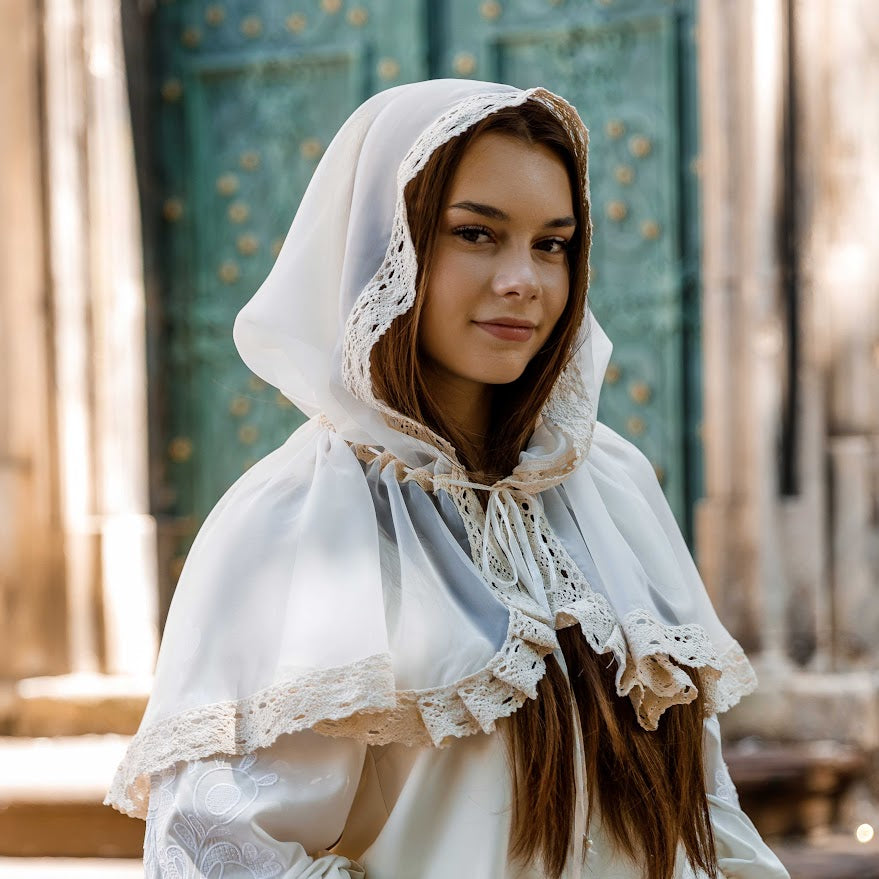 Ivory Church Head Covering with Lace | Chiffon Palantine